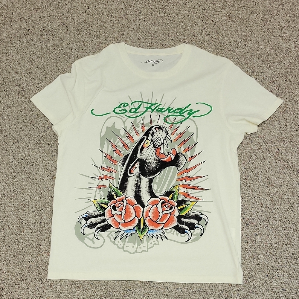 Ed Hardy Cream Throwback T-Shirt with Panther and Roses, Men's Medium
